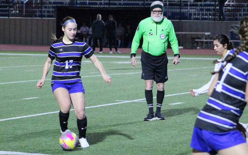 (TC GORDON | THE GRAHAM LEADER) Adi Pinkston is just a freshman on the varsity Lady Blues team but she makes an impact in every game like a veteran. During the team’s 10-0 road win over Hirschi, Pinkston scored three of her team’s goals, an impressive accomplishment no matter what age.