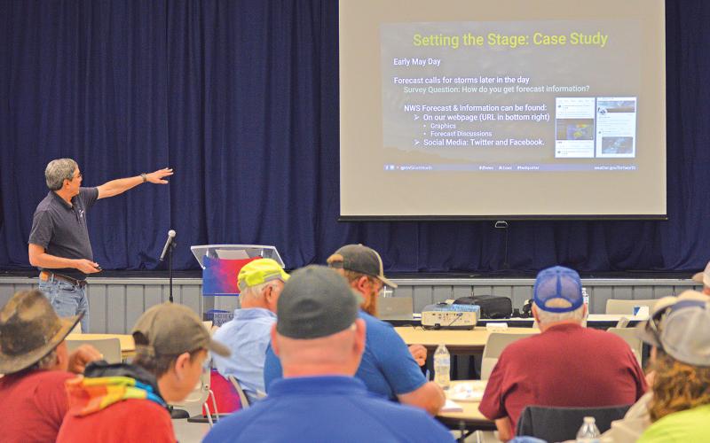 (THE GRAHAM LEADER | ARCHIVE PHOTO) National Weather Service Meteorologist Tom Bradshaw presents a severe weather education class in Young County in March 2022. After a one-year lapse, the class will return Monday, March 18 to Young County with free public attendance.
