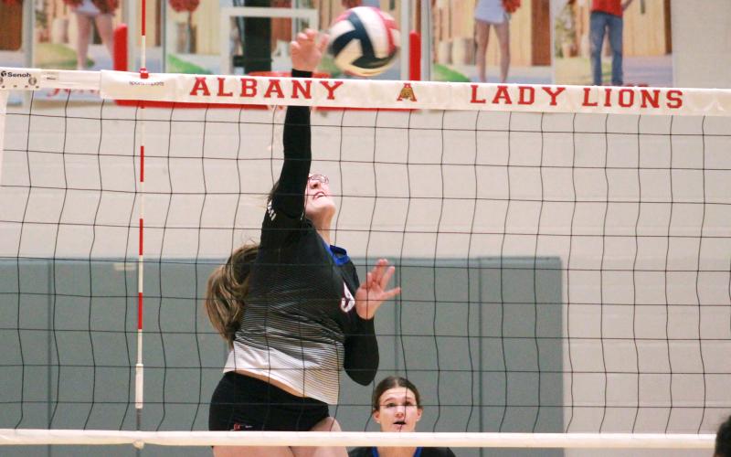 (TC GORDON | THE GRAHAM LEADER) Junior Annemarie McHenry powered down a kill Monday, Oct. 30 during Graham’s bi-district championship game against Sweetwater. The Lady Blues defeated the Lady Mustangs in four sets by scores of 25-4, 25-9, 23-25 and 25-11.