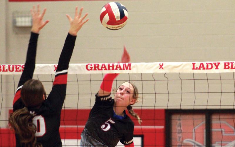 (FILE PHOTO | THE GRAHAM LEADER) Junior Braylee Mayes (5) slams a ball past a Mineral Wells block attempt during Graham’s Pink Out game Tuesday, Oct. 10. Mayes was recently named Co-Utility Player of the Year for District 6-4A. Along with Mayes, other team members were honored.