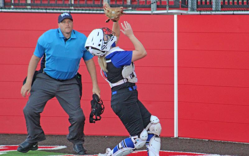 (TC GORDON | THE GRAHAM LEADER) Graham catcher Meagan Brooks makes a catch on a foul ball for an out during the team’s big 3-1 district win over Stephenville this past Wednesday, April 10.