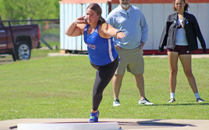 (TC GORDON | THE GRAHAM LEADER) Hallie Gough of the Lady Blues varsity shot put team qualified for the area track meet with a fourth place finish in the event at the district meet Thursday, April 4. Gough threw a distance of 35-1.50 to advance.