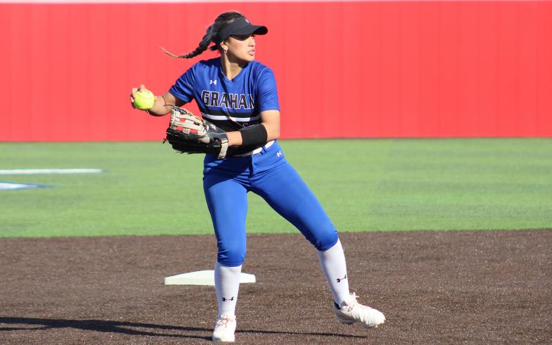 (TC GORDON | THE GRAHAM LEADER) Graham senior Olga Morales makes a throw to first base for an out during one of the team’s games a few weeks ago. The Lady Blues traveled to Stephenville for their district opener last Friday, March 22 but they took a 5-4 loss.