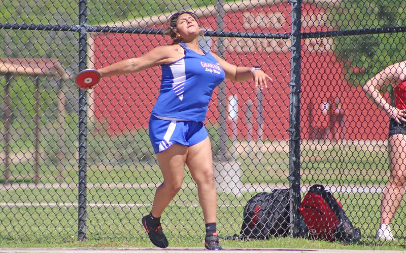 (TC GORDON | THE GRAHAM LEADER) Gabby Reyes of the Lady Blues JV team finished first in the discus event with a long throw of 94-1 at the District 6-4A track meet Thursday, April 4.
