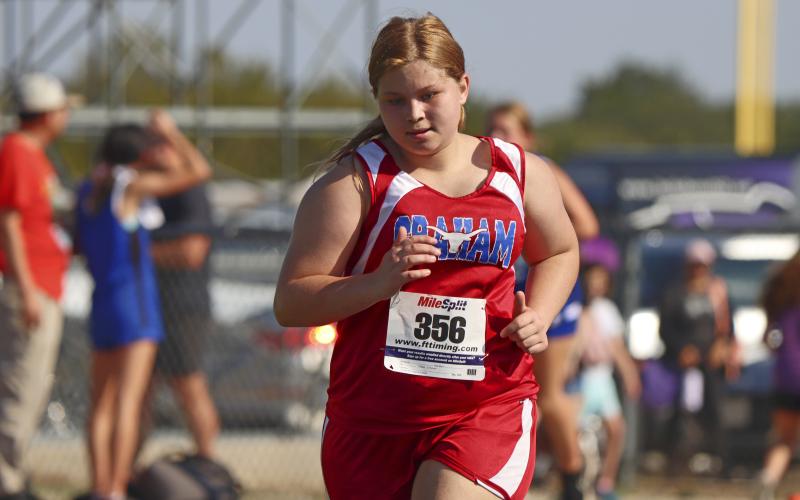 (KYLIE BAILEY | THE GRAHAM LEADER) Breaunna Reinert finished 207th out of 216 runners Wednesday, Sept. 20 at the Wyatt Dickerson Invitational in Alvord.