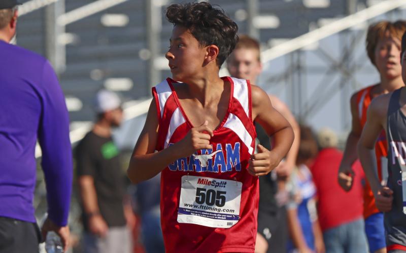 (KYLIE BAILEY | THE GRAHAM LEADER) Cayden Hernandez finished 102nd out of 199 runners Wednesday, Sept. 20 at the Wyatt Dickerson Invitational in Alvord.