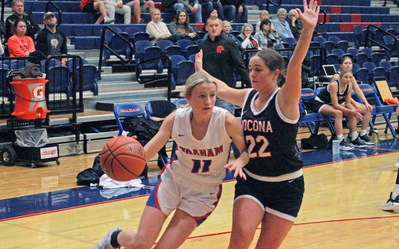 (ARCHIVE PHOTO | THE GRAHAM LEADER) Maddie Franklin (11) drives past a defender during one of Graham’s games earlier this season. The Lady Blues participated in a tournament in Bowie over the days of Nov. 20-21 and came away with a 2-2 record in four games.