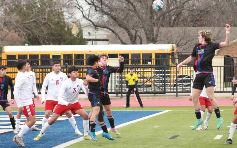 (TC GORDON | THE GRAHAM LEADER) A host of Graham Steers jump into the air for a ball, looking for an opportunity to score during one of the team’s games earlier this season. The Steers lost to Kennedale 4-2 this past Monday, Jan. 8.