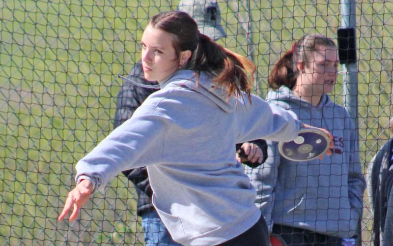(TC GORDON | THE GRAHAM LEADER) Lillian Noble has steadily improved her discus throwing throughout the season and all her hard work paid off when she won the gold medal in the discus event at the District 6-4A meet in Mineral Wells last week. She threw one of her farthest distances all season and she’ll look to continue that momentum moving forward.