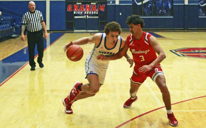 (TC GORDON | THE GRAHAM LEADER) Keion Shead drives past a Sweetwater defender during the second half of Graham’s 69-66 win over the Mustangs last weekend. Shead finished the game with 18 points, 7 rebounds and five assists.
