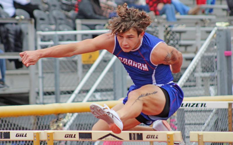 (TC GORDON | THE GRAHAM LEADER) Zathin Reyes dealt with an illness while competing at the district meet in Mineral Wells, but that didn’t stop him from taking first place in the 300-meter hurdles. He ran one of his best times all year and even contributed in other team events, providing a team-first example to younger athletes.