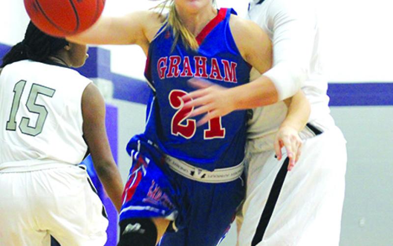Graham’s Ryan Gober muscles her way down the baseline around a defender from South Hills during the Lady Blues game last Thursday from Jacksboro High School.   Leader photo by Evan Grice