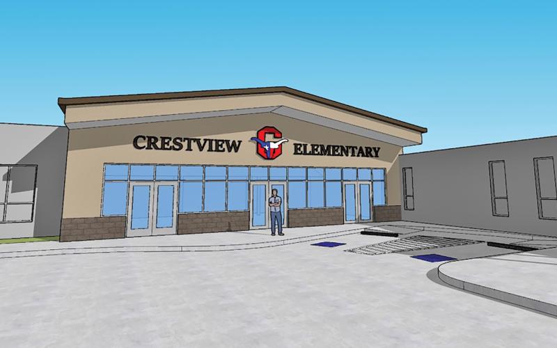(GISD | CONTRIBUTED PHOTO) An architectural rendering of the new front of Crestview Elementary School in Graham which is part of Proposition A on the upcoming May election ballot. Proposition A is estimated to be $27.5 million and Crestview will serve students in grades 3-5. Minor renovations at the campus will include expanding the dining space and restroom renovations.