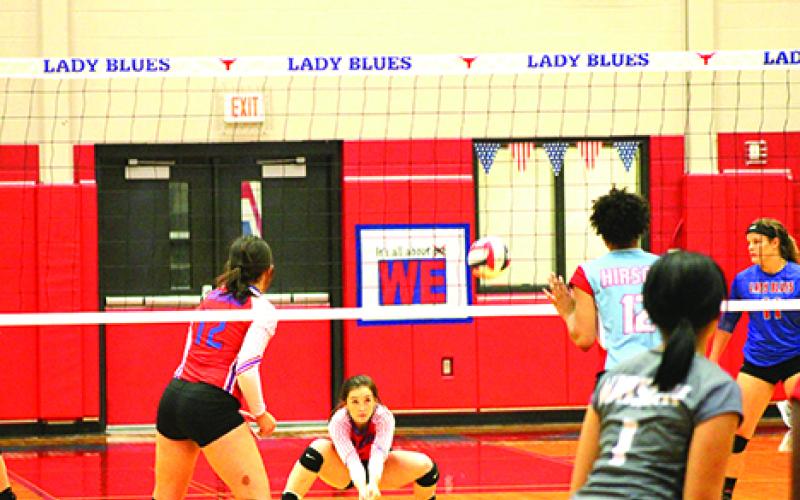 Elizabeth Routon made a play on the ball during the Blues’ dominant district-opening win over Hirschi. Leader photo by Jason Hanks
