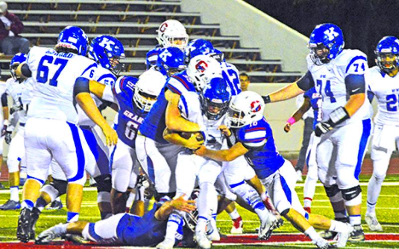 Graham’s defense was all over this Krum Bobcat Friday night, but the back-and-forth scoring ended too soon for the Steers, with Krum taking the game 42-35 in the last seconds of the 4th quarter. Leader photo by Thomas Wallner