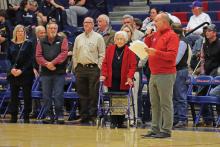 (THOMAS WALLNER | THE GRAHAM LEADER) Graham ISD Superintendent Sonny Cruse announces the inductees into the Graham Public Education Foundation Hall of Honor in between the Lady Blues and Steers basketball games held Friday Jan. 26.
