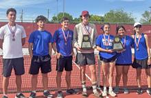 (GHS TENNIS | CONTRIBUTED PHOTO) Both the Graham Steers and Lady Blues teams finished as runners-up in district at the competition in Glen Rose last Friday, April 12. Pictured are members of the team with individual medals and the team trophies.