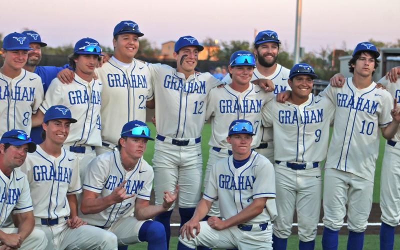 (ALEX HARVARDANSKY | THE GRAHAM LEADER) The Steers celebrate after winning the series 2-1 over the Lubbock Cooper Liberty Patriots. The Steers will now wait and see who they will be playing in the next round. 