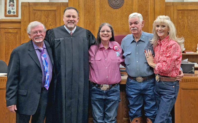 (CARLOTTA LANGFORD | CONTRIBUTED PHOTO) After 49 years, Cynthia Langford has found a father in Robert Langford and received an official name change Wednesday, June 11. Shown from left to right are Lawyer Gary Trammel and 90th Judicial District Judge Phillip Gregory with Cynthia, Carlotta and Robert Langford.