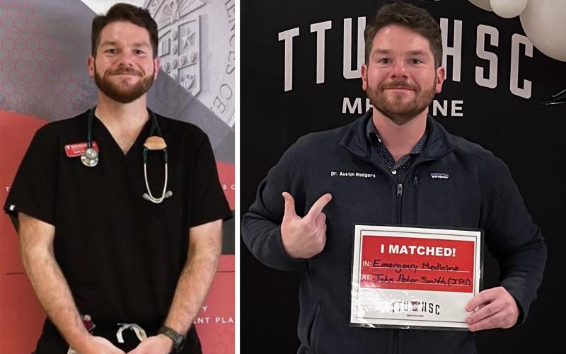 (AUSTIN RODGERS | CONTRIBUTED PHOTOS) Shown at right, Austin Rodgers receives his hospital assignment after graduation on match day 2025. Rodgers is currently recovering from two cases of cauda equina syndrome and continues to look for community support during this time. 