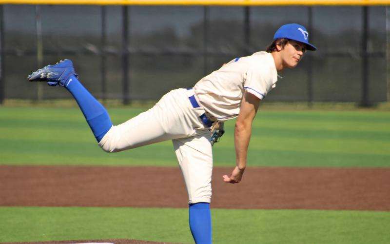 (ALEX HARVARDANSKY | THE GRAHAM LEADER) Bruin Wright pitching for the Steers in their game two matchup Saturday, May 3 against the Lubbock Cooper Liberty Patriots. Wright pitched six and a third shutout innings to help pick up the win. 