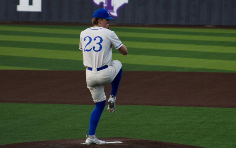 (ALEX HAVARDANSKY | THE GRAHAM LEADER) Ryder Taylor up on the mound for the Steers in their regional finals matchup Thursday, May 22. This was Taylor's final start as the team lost 7-0. 