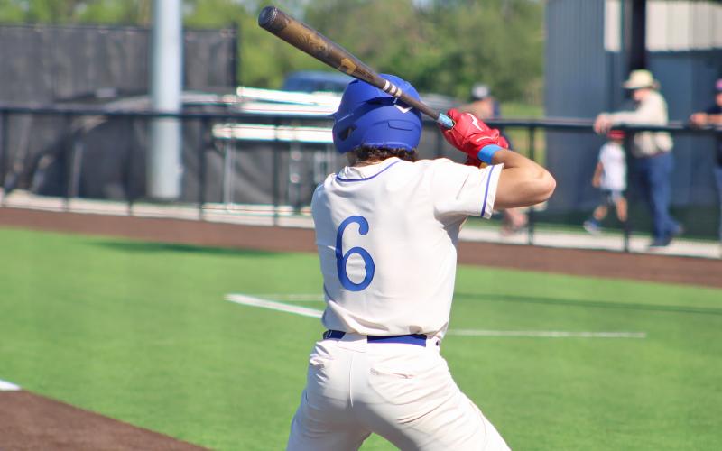 (ALEX HARVARDANSKY | THE GRAHAM LEADER) Tripp Mahaney up at the plate Saturday, May 3 against the Lubbock Cooper Liberty Patriots. Mahaney came through late in game two with his second homer of the series. 