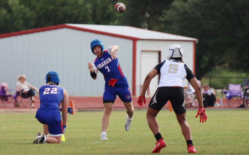 (THOMAS WALLNER | THE GRAHAM LEADER) Walker Bennett runs in for a touchdown against Dallas Life Oak Cliff at the Mineral Wells State Qualifying Tournament for 7on7 held Friday, May 22. The Steers beat Dallas Life Oak Cliff, Godley, Krum and Stephenville to advance to the state tournament in June.