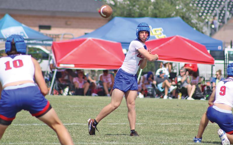 (ALEX HAVARDANSKY | THE GRAHAM LEADER) Jace Gill finds Brody Martin on a pass Saturday, May 24. Gill passed for four touchdowns in the Steers matchup against Benbrook. The team participated in the state 7on7 tournament Thursday, June 26 and Friday, June 27 at College Station.