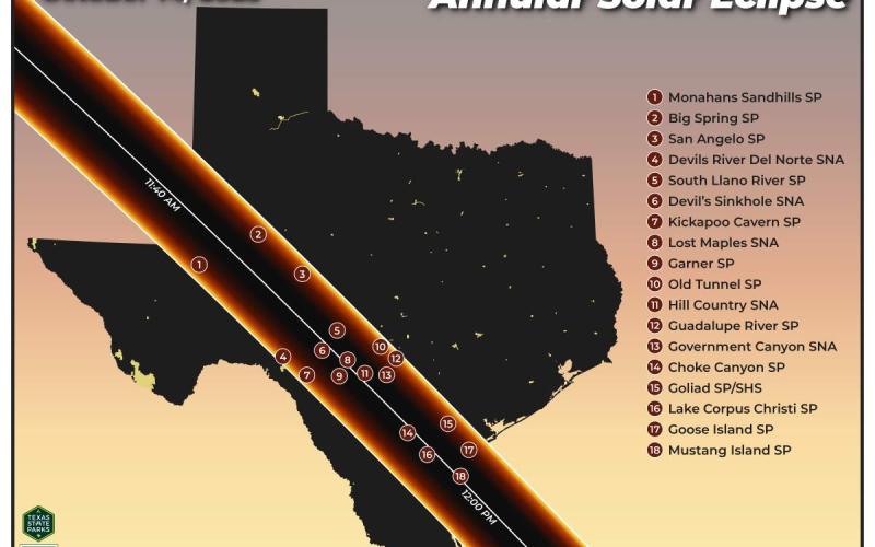 (CONTRIBUTED PHOTO | TEXAS PARKS & WILDLIFE) The pathway of the annular solar eclipse occurring Saturday, Oct. 14 and Texas State Parks which align with the path.
