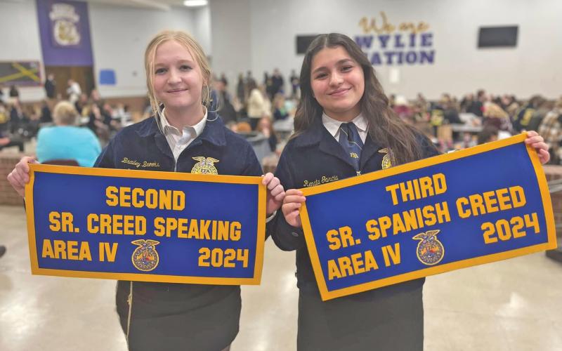 (GRAHAM FFA | CONTRIBUTED PHOTO) Graham FFA students Brailey Brooks and Renata Garcia at the Area IV LDE competition Monday, Nov. 25 at Abilene-Wylie. Brooks advanced to the state competition while Garcia barely missed advancement with a third place award in Senior Spanish Creed Speaking.