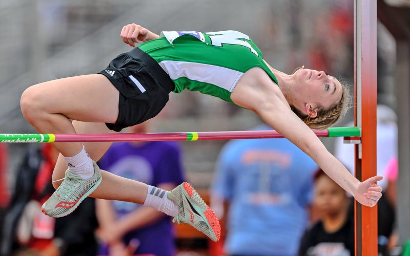 (DAVID FLYNN | CONTRIBUTED PHOTO) Aubree Clayton finished in eighth place in the high jump at the state track meet in Austin last Saturday, May 4. Clayton cleared the bar with a jump of 4-10 and represented her school at state as a sophomore. 