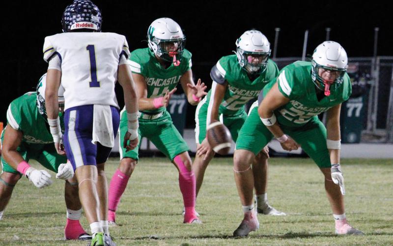 (ASHLEY ANDERSON | JACKSBORO HERALD-GAZETTE) The Bobcats offensive line executes a play during the team’s matchup Friday, Oct. 10 against the Perrin-Whitt Pirates. The Bobcats continue to hold first place in the district after defeating Northside in their match Thursday, Oct. 23. 
