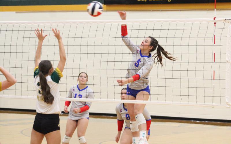 (ALEX HAVARDANKSY | THE GRAHAM LEADER) Braylee Wenninger goes up for a kill Tuesday, Aug. 26, against the Lady Jackets. Wenninger kept the Lady Blues competitive throughout the match and got the game winning point.