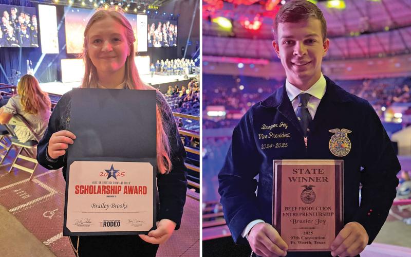 (GRAHAM FFA | CONTRIBUTED PHOTOS) Graham FFA member Brailey Brooks won the Houston Stock Show and Rodeo Scholarship worth $20,000 during the Texas FFA Station Convention held Monday, June 30 through Friday, July 4 in Fort Worth. Graham FFA member Brazier Joy won state on Beef Entrepreneurship Proficiency and was also presented a Lone Star FFA Degree during the Texas FFA Station Convention.