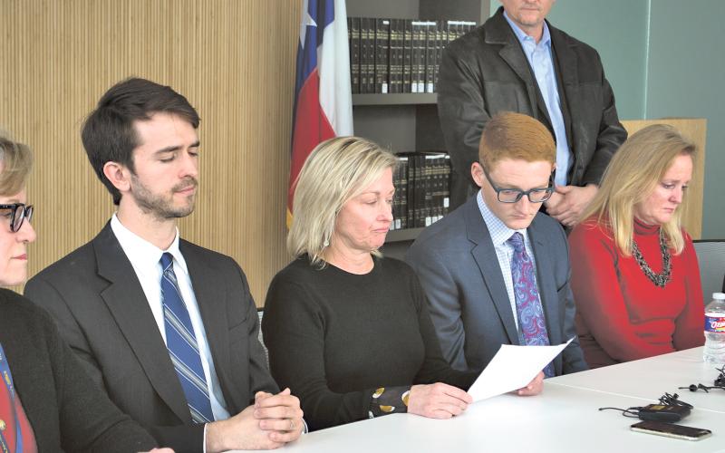 (ARCHIVE PHOTO | THE GRAHAM LEADER) The families and survivors of Kendrex White’s stabbing spree speak to the media after the judge’s ruling of not guilty by reason of insanity in December 2018. Shown from left to right are former Travis County District Attorney Margaret Moore, Harrison’s brother and mother John and Lori Brown, survivor Stuart Bayliss and his parents Shellane and Paul Bayliss.
