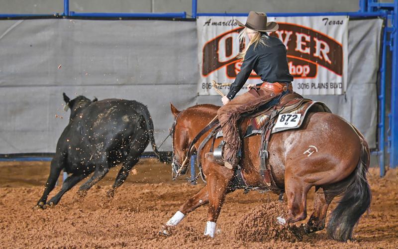 (LELA CHISHOLM | CONTRIBUTED PHOTO) Lela Chisholm competes Tuesday, April 15 in the National Intercollegiate Ranch and Stock Horse Association’s Collegiate National Championship Show in Amarillo. Chisholm is a 2024 graduate of Graham High School and is already finding success in college.