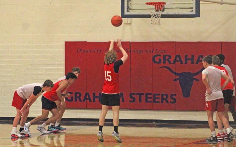 (ALEX HAVARDANKSY | THE GRAHAM LEADER) Cooper Wilde takes a free throw for the Steers in their matchups Tuesday, Sept. 30. The Steers completed their second week of fall league basketball against Breckenridge and Wichita Falls Christian. 