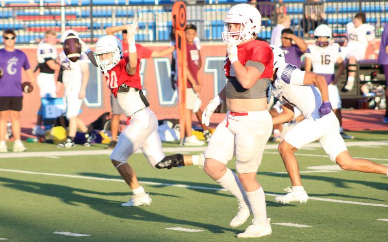 (ALEX HAVARDANKSY | THE GRAHAM LEADER) Drake Elliott celebrates after picking off a pass Thursday, Aug. 21. Graham continues to force big turnovers defensively.