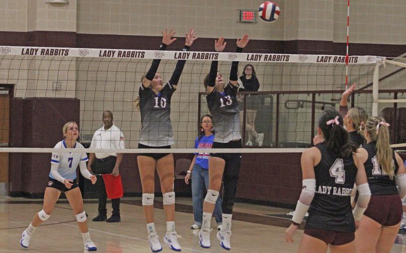 (ALEX HAVARDANSKY | THE GRAHAM LEADER) Emily Hughes (10) and Tara Dawson (13) go up for a block Tuesday, Sept. 9, against the Bowie Lady Rabbits. Hughes and Dawson have been pivotal players to the team so far this season. 