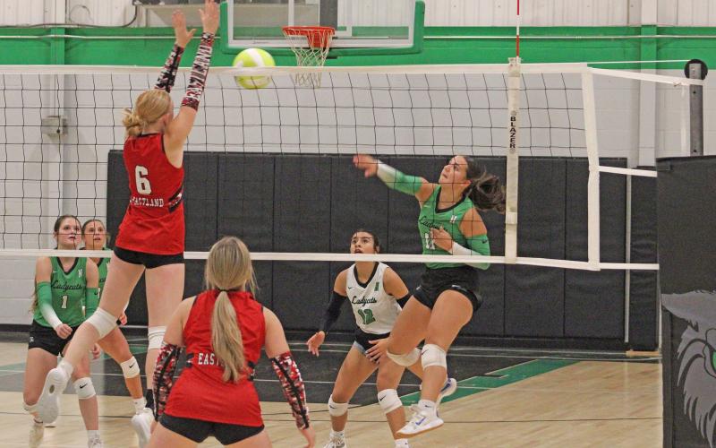 (ALEX HAVARDANKSY | THE GRAHAM LEADER) Emma Hawkins attempts to clear a ball Tuesday, Sept. 2, against the Lady Mavs. Hawkins picked up multiple points on tip plays in the match win. 