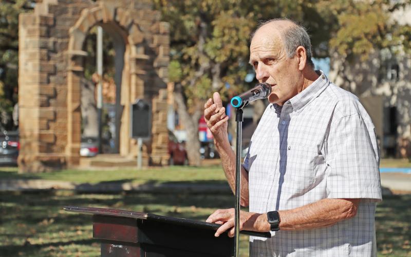 (THOMAS WALLNER | THE GRAHAM LEADER) Larry Fields speaks in November 2025 during a dedication ceremony for a plaque installed in front of the Graham Convention and Visitors Center honoring Vickie Little Milam-Milligan. 