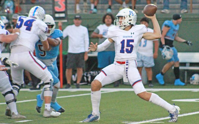 (TC GORDON | THE GRAHAM LEADER) Quarterback Ty Thompson sets up to throw a pass during Graham’s game Thursday, Oct. 5 against Hirschi. The Steers gave an all-out effort but came up short in the game 27-26 and took their first loss of the season.