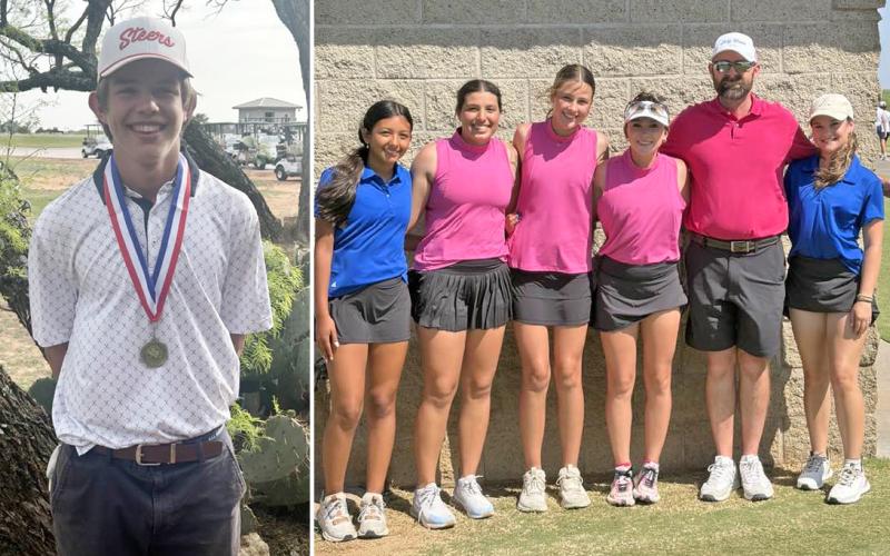 (CONTRIBUTED PHOTO | GISD) At left, Jagger Nees is the district champion of the District 6-4A golf tournament held March 30-31 at Live Oak Golf Club in Abilene. At right, the Lady Blues golf season came to end in the District 6-4A golf tournament held March 30-31 at Live Oak Golf Club in Abilene.
