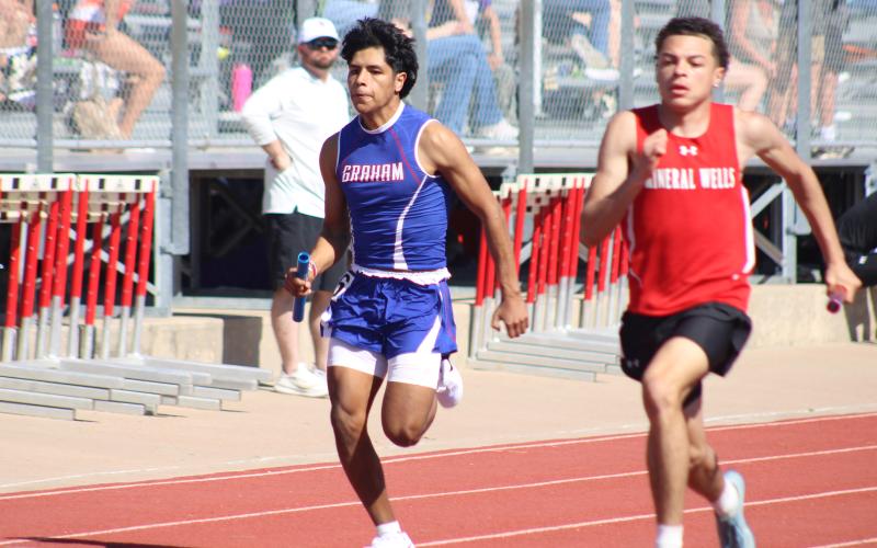 (ALEX HAVARDANSKY | THE GRAHAM LEADER) Santiago Zamora takes off during the Ram Relays. The Steers and Lady Blues headed out for their second track meet of the season Thursday, March 5 at the Hero Relays and were at the top of the team leaderboards in both the junior varsity and varsity divisions. 