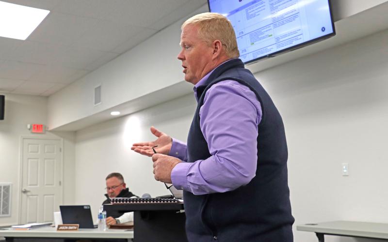 (THOMAS WALLNER | THE GRAHAM LEADER) Graham ISD Chief Financial Officer Gary Browning speaks with the GISD Board of Trustees during their meeting held Wednesday, March 4 regarding  the upcoming 2026-2027 budget.