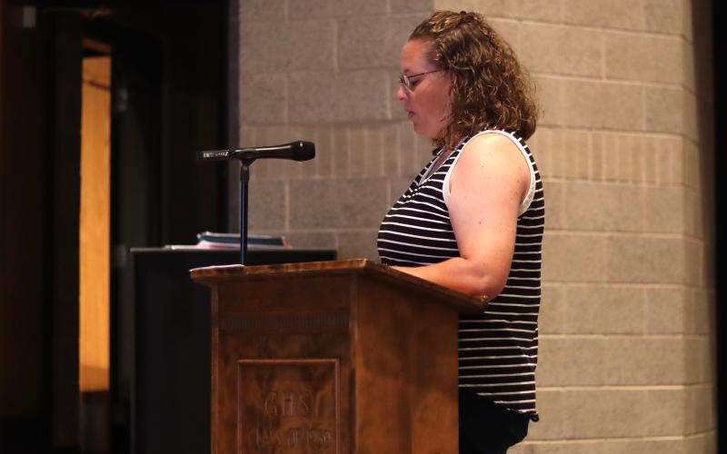 (THOMAS WALLNER | THE GRAHAM LEADER) Amanda Schupbach speaks during the public comment section of the Graham ISD Board of Trustees meeting Wednesday, May 13. Schupbach was advocating for the board to allow homeschool students to participate in UIL programs with GISD.
