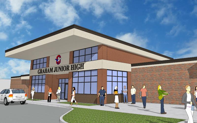 A rendering of the proposed additions for Graham Junior High School with the Graham ISD bond measure which included a new band hall, cafeteria expansion, new safety corridor from the main building to the gymnasium, library renovations and more.
