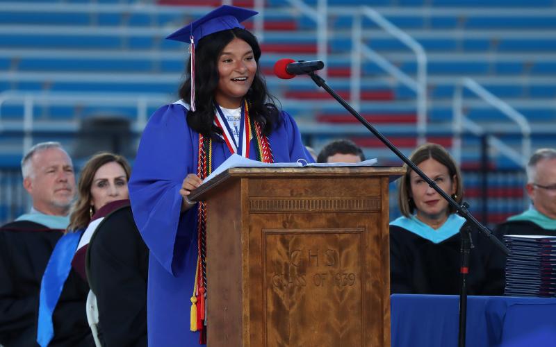 (THOMAS WALLNER | THE GRAHAM LEADER) Valedictorian Jade Dospapas speaks to the Class of 2026 graduating class during the graduation ceremony held Friday, May 22 at Newton Field. 