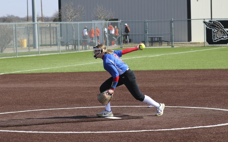 (MIKE WILLIAMS | THE GRAHAM LEADER) Zoey Harrell (pictured) and Reese Calhoun have combined for 45 strikeouts in four scrimmage games as the Lady Blues prepare for the 2023 softball season.
